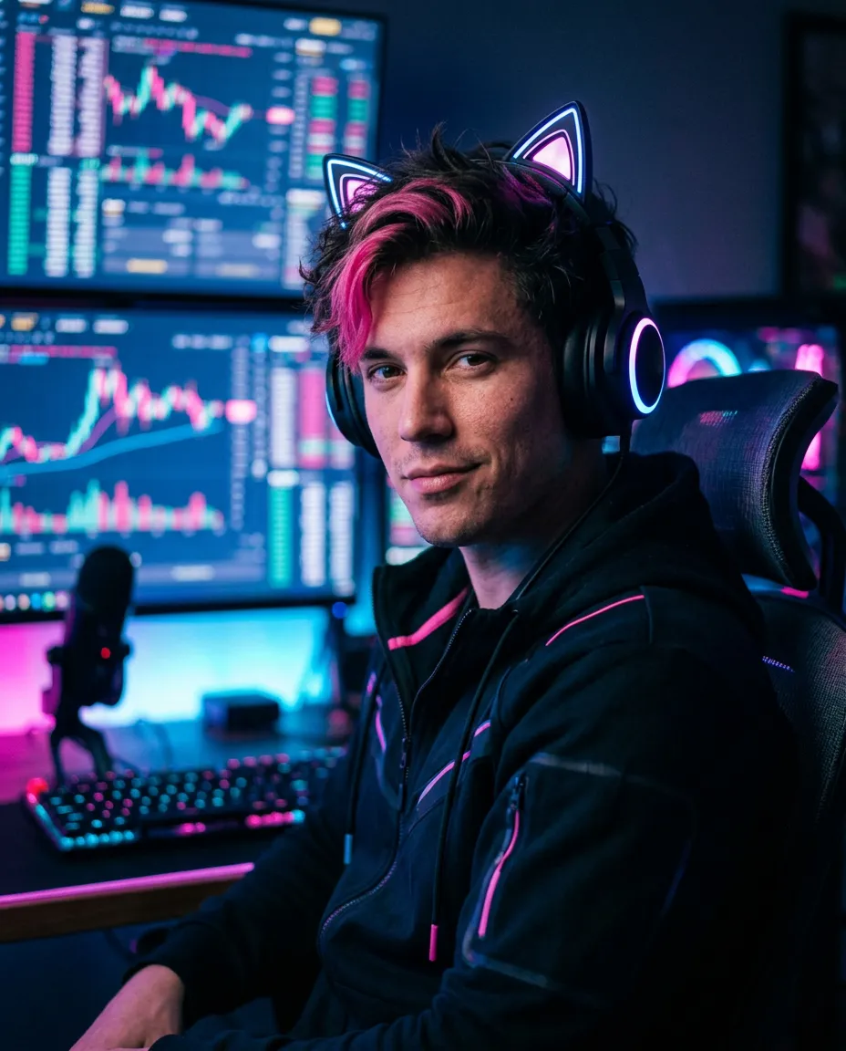 Fictional realistic man inspired by Yenni’s pink cartoon cat profile picture